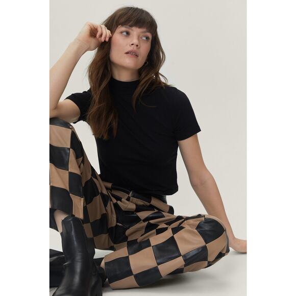 Nasty Gal Checkerboard High Waisted Real Leather Pants Womens 4 Black Brown - Picture 3 of 12